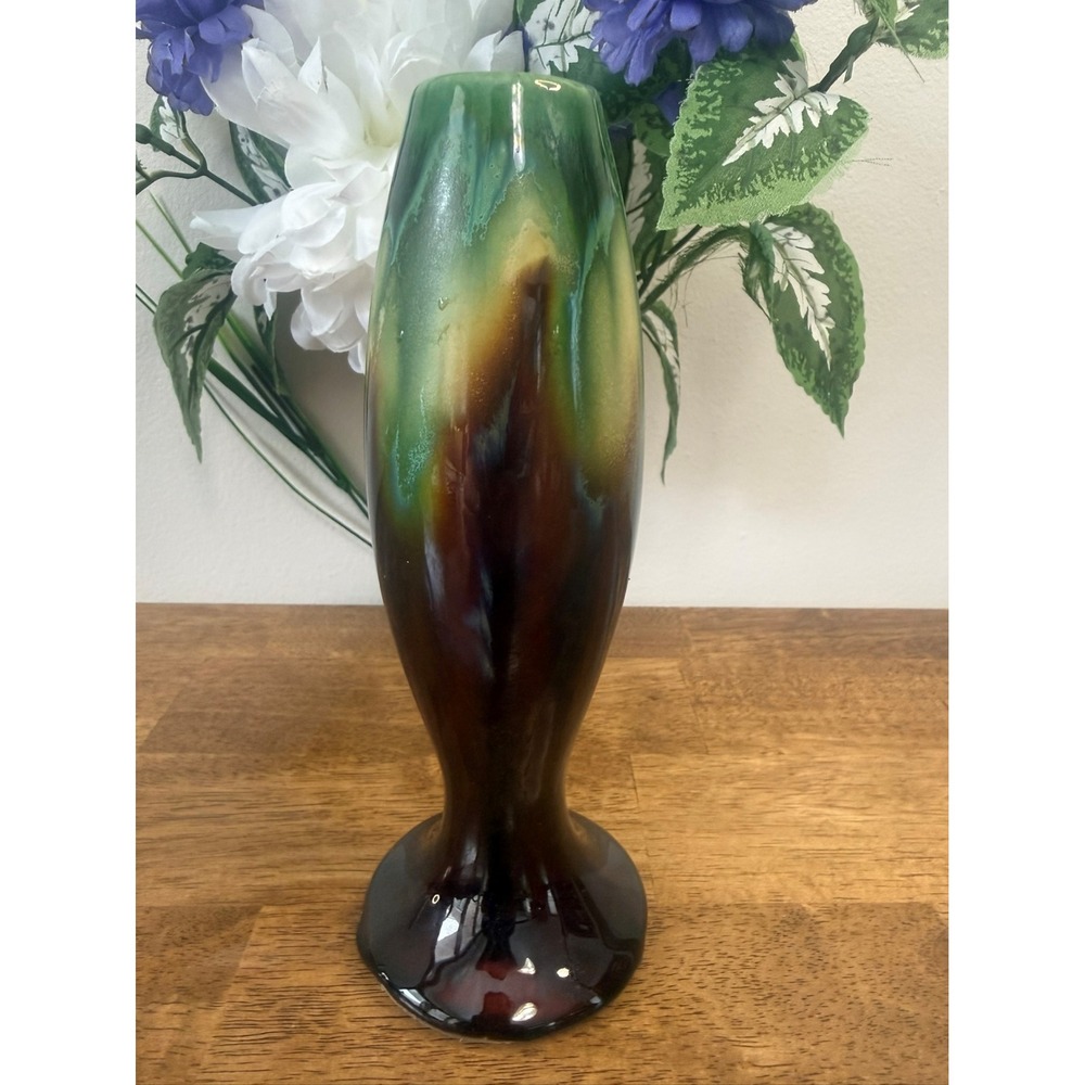 Vintage‎ Belgian Pottery Art Vase Green Brown Glaze Retro Decor Cottagecore
